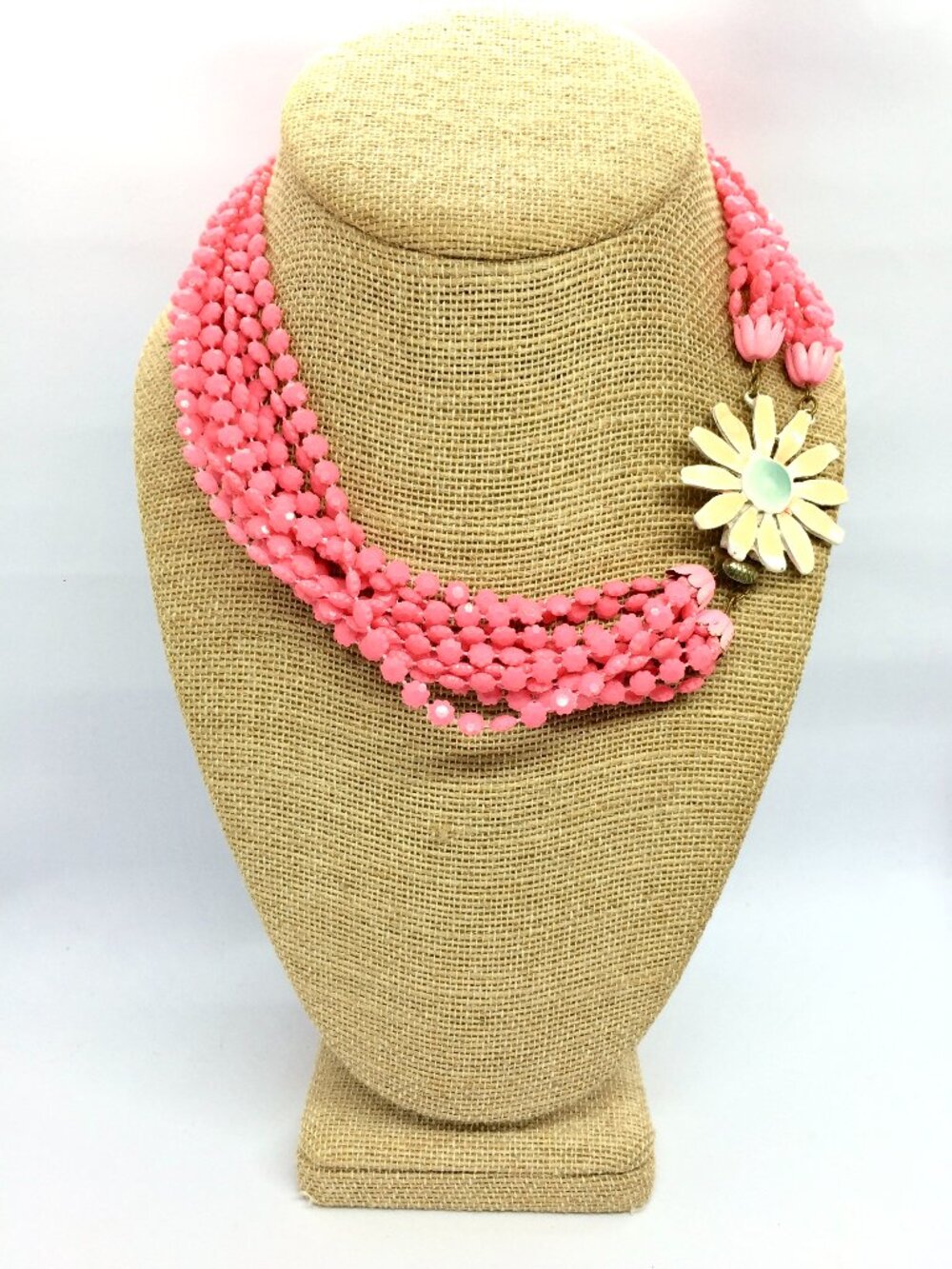 VINTAGE PINK NECKLACE Multi Strand Plastic Bead Enamel Daisy Flower Clasp MCM